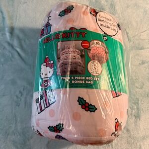 Hello Kitty Merry Winter Twin 4pc Set Comforter Sheet Pillowcase Bonus Bag NEW